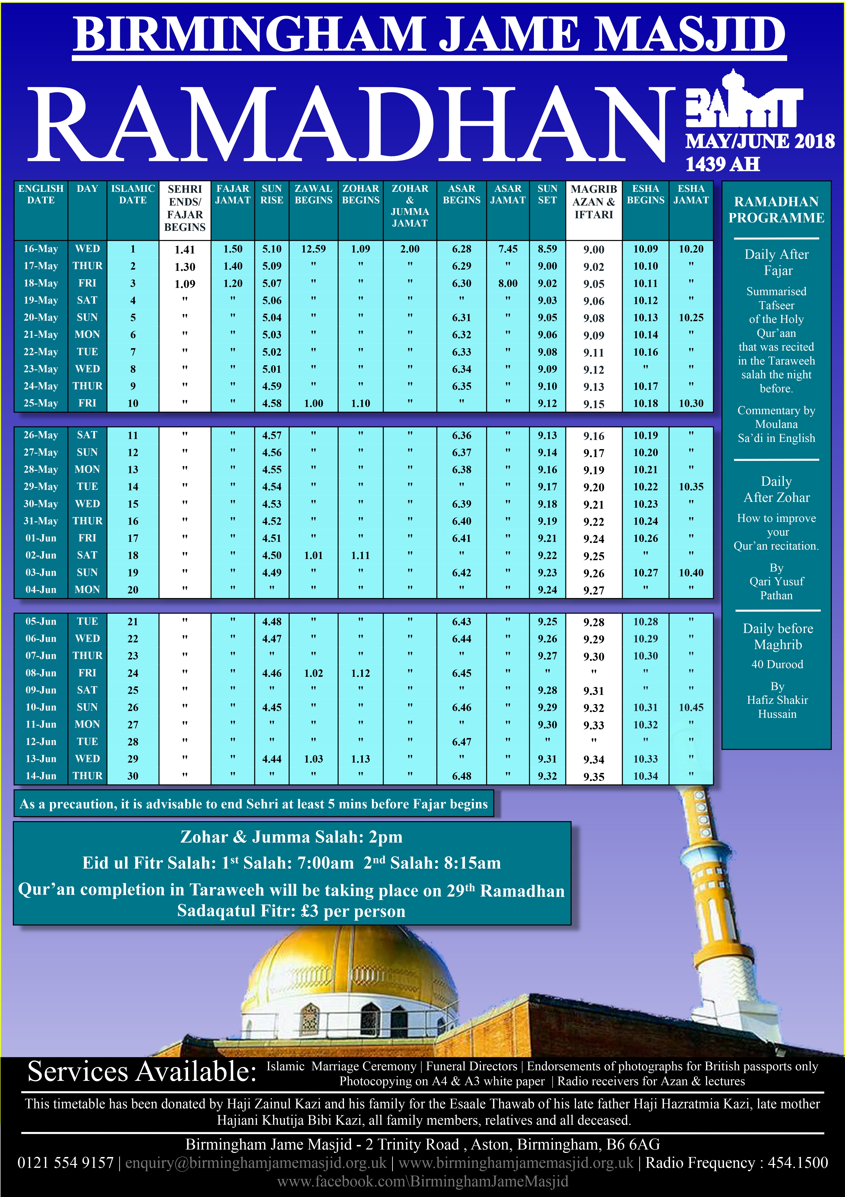 jame masjid leicester namaz timetable
