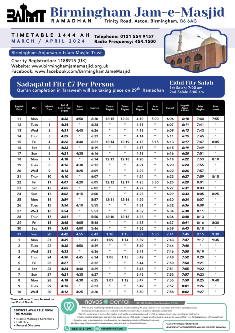 2024 Ramadan Prayer Timetable